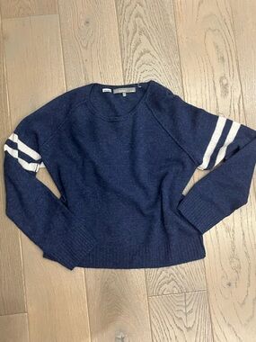 Ladies Navy Crewneck Sweater with Striped Sleeves
